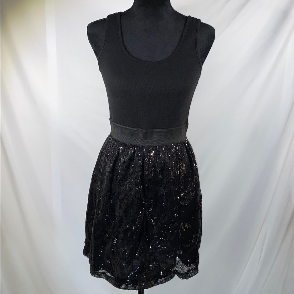 Pink Rose Black Sequin Dress M Tank Bodice Sparkly Balloon Skirt Mini Party